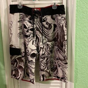 Burnside Men’s Black & White Skull Bathing Suit Swim Trunks 34 and Bottle Opener